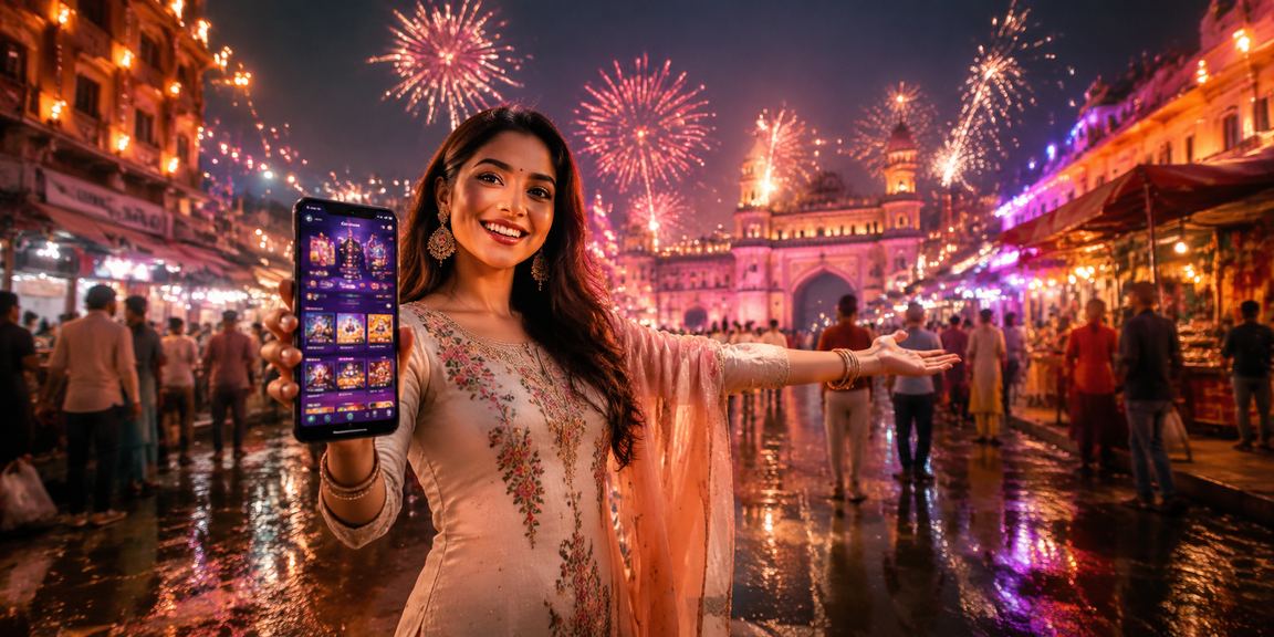 Indian woman playing Teen Patti on mobile app with traditional attire