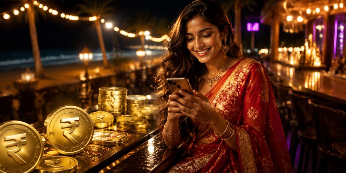 Indian lady enjoying Andar Bahar card game on mobile