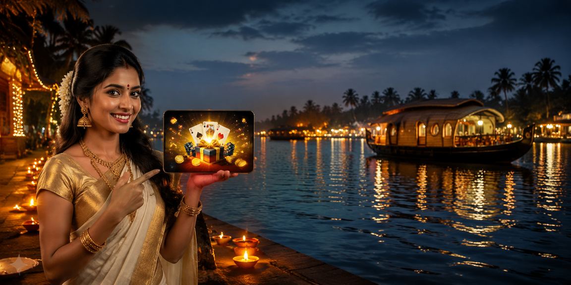Festive celebration at Kerala backwaters with traditional Andar Bahar gameplay