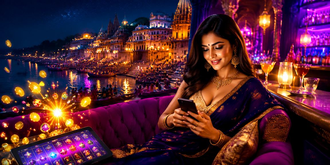 Indian player enjoying jackpot slots near Varanasi ghat at night